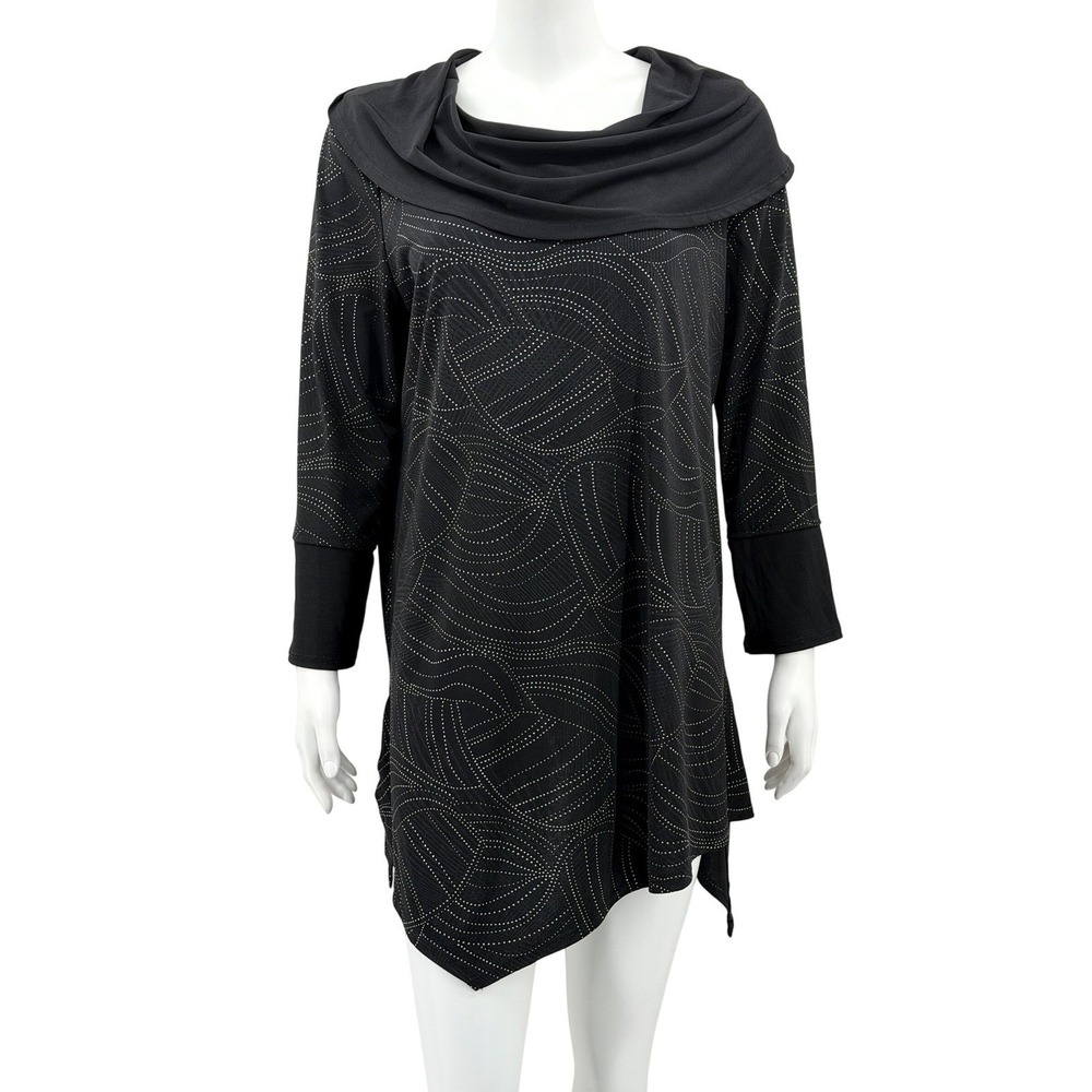 IC by Connie K‎ Top Womens Large Black Silver Tunic Asymmetrical Artsy Lagenlook